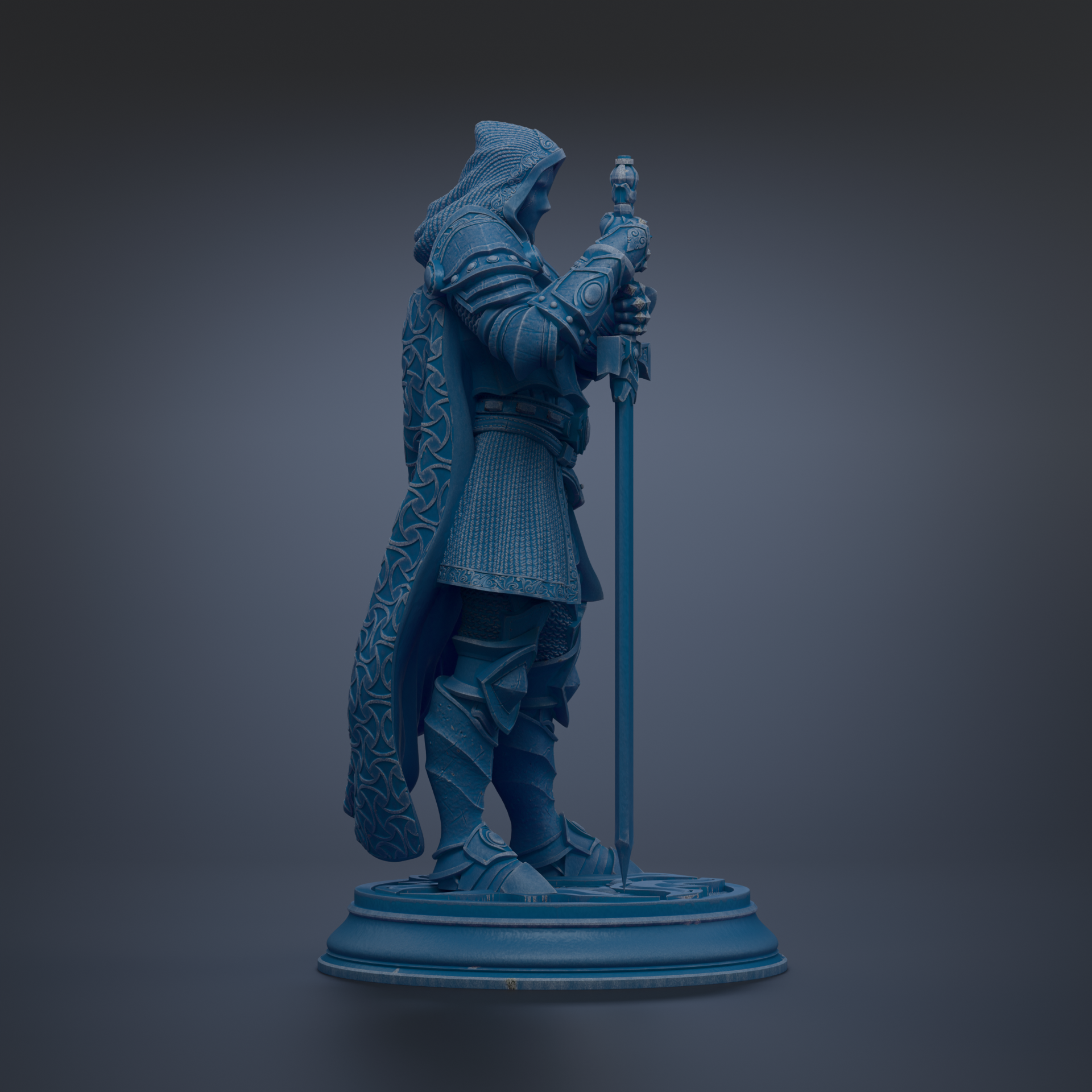 A blue statue of a knight holding a sword and shield, standing on a pedestal.