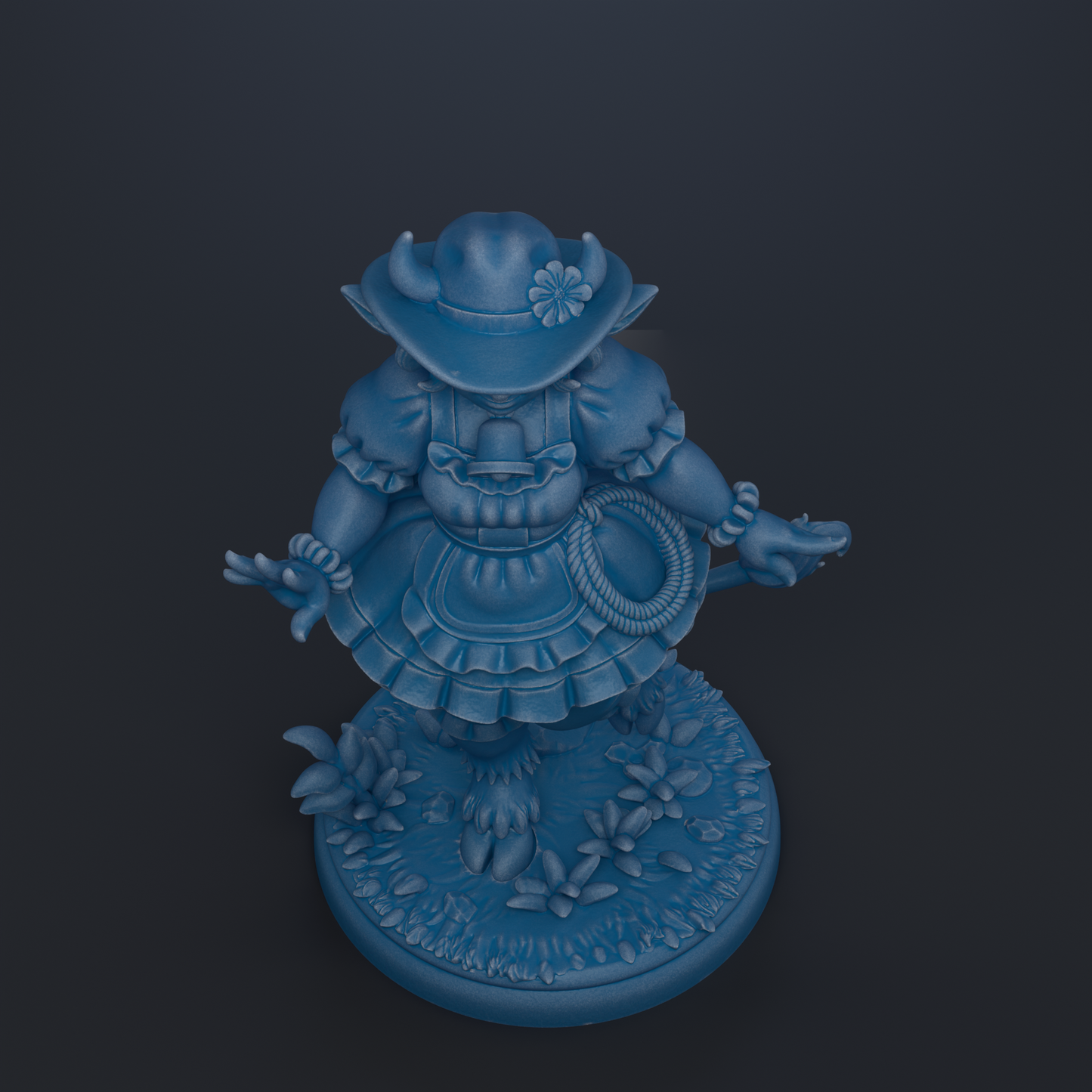 A blue figurine of a whimsical character with a flower on its head, wearing a hat and dress, standing on a base with flowers.