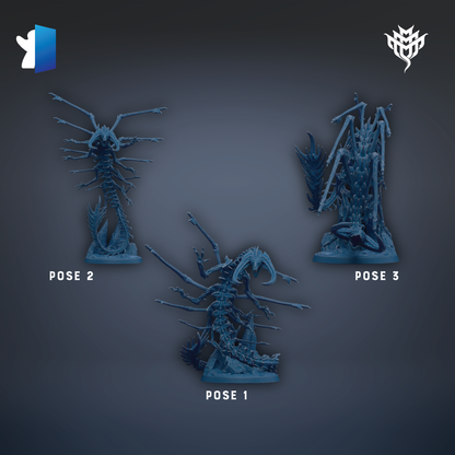three blue figurines of fantastical creatures, each with different poses, arranged in a row against a dark background.