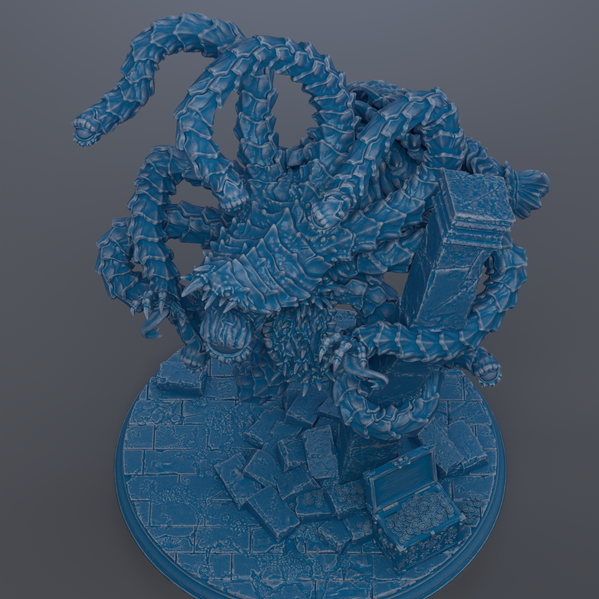 The image is a 3D rendering of a fantastical creature, possibly a dragon or serpent, with intricate details and textures. The creature appears to be in a dynamic pose, surrounded by various objects and structures, such as a stone base and a chest. The image does not contain any text or specific actions, but rather showcases the creature and its surroundings in a detailed and imaginative manner.