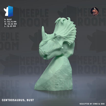 a bust of a Centrosaurus, a dinosaur that lived during the Late Cretaceous period. The bust is made of a light green material and is displayed against a dark gray background.