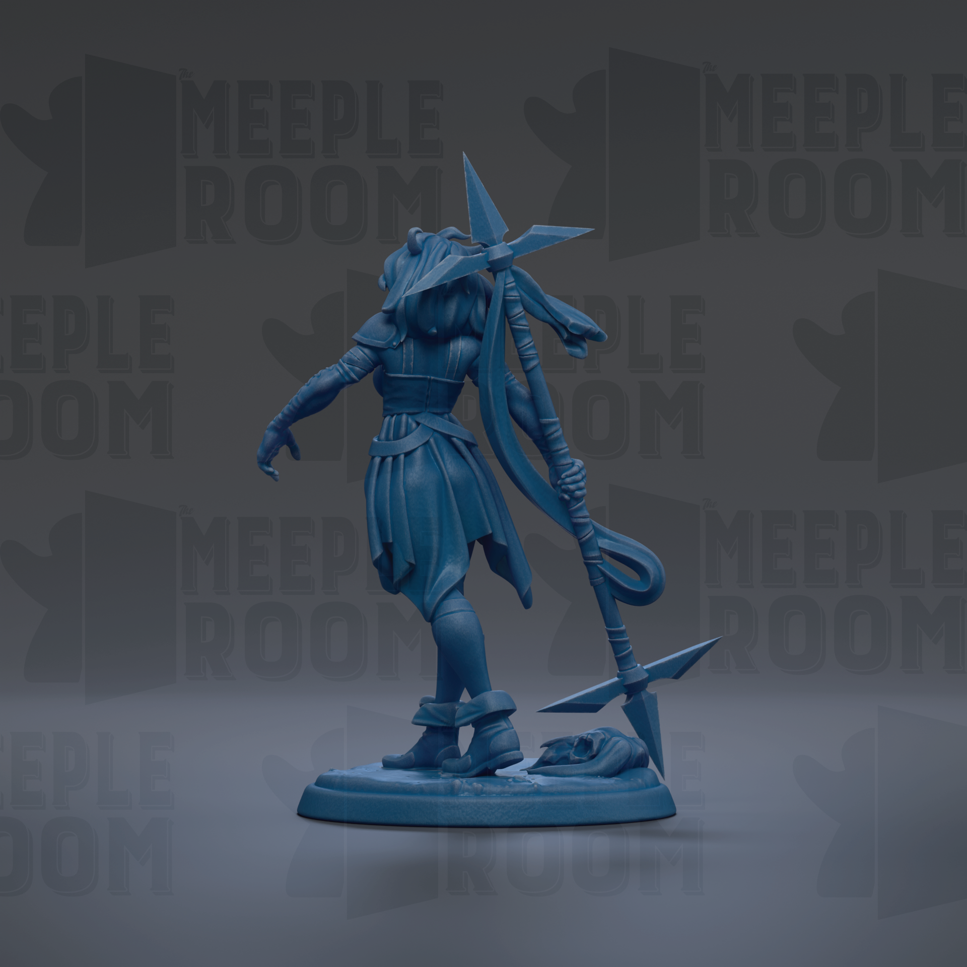 A blue figurine of a female character with a sword and shield, standing in a defensive stance.