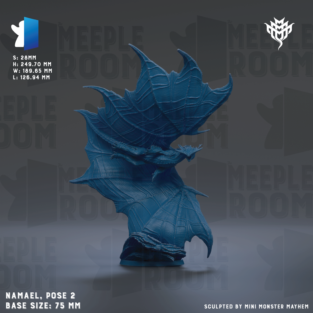 The image is a 3D rendering of a blue dragon-like creature with a large, curved wing. The creature is posed in a dynamic, standing position. The background is a dark gray color, which contrasts with the blue of the creature. The image is labeled with the text "NAMAEEL, pose 2 BASE SIZE: 75 MM" and "Sculpted by mini monster Mayhem".
