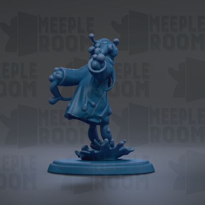 A blue figurine of a character with a flowing robe and horns stands on a blue base against a dark background with repeated text.