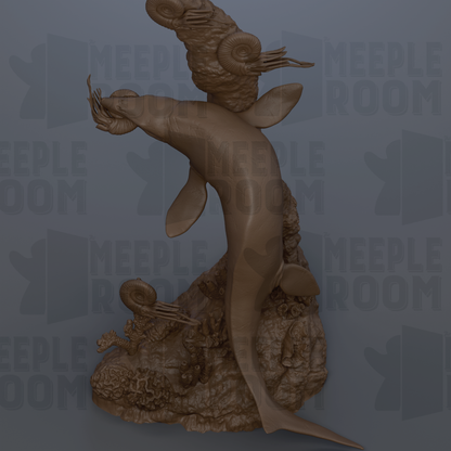 The image is a 3D rendering of a marine creature, possibly a fish or a sea animal, situated on a rocky base. The background of the image is a dark blue color, which contrasts with the brown color of the creature. The image does not contain any text or other discernible objects or actions.