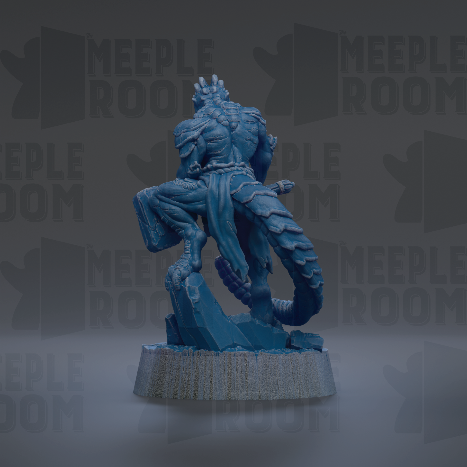A blue, 3D-rendered statue of a fantastical creature with a long, coiled tail and a fierce expression, standing on a pedestal against a dark background with repeated text.