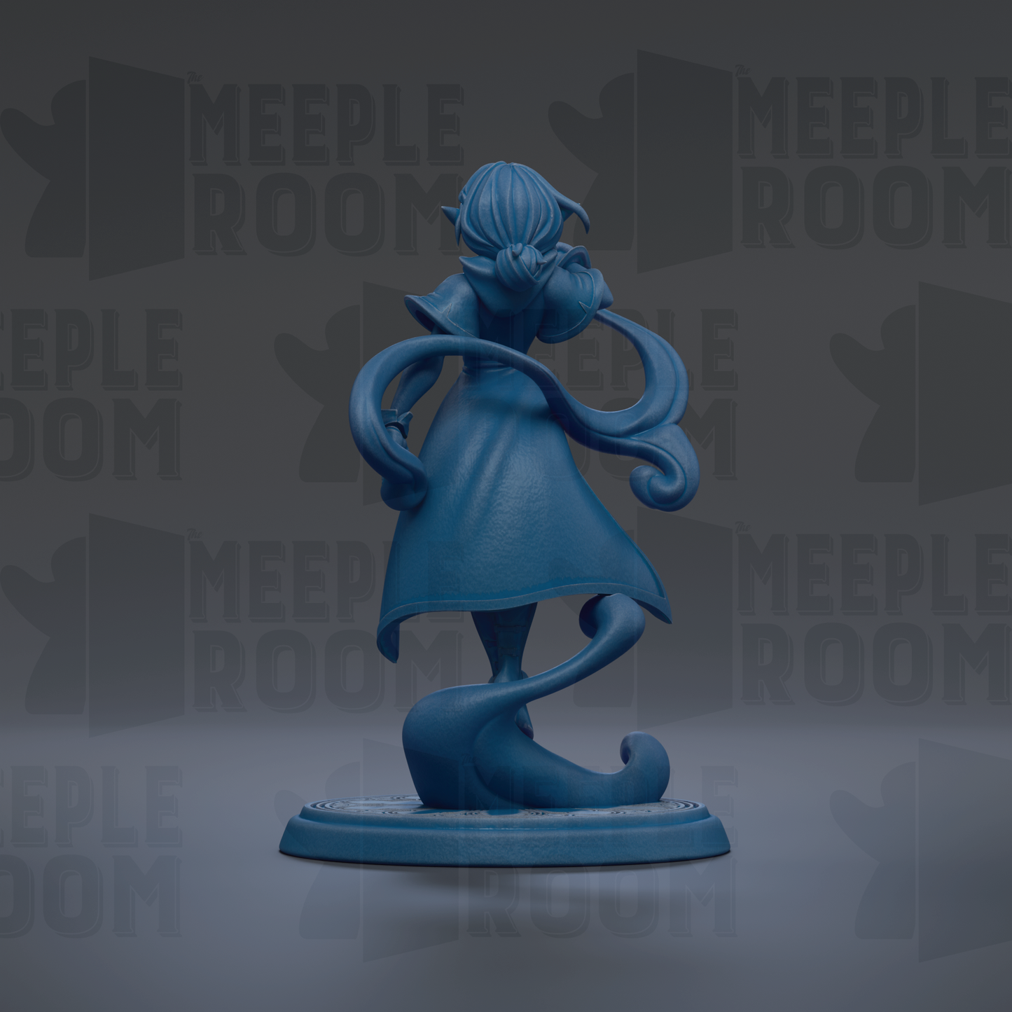 A blue figurine of a woman with a flowing dress stands on a base against a dark background with repeated text.