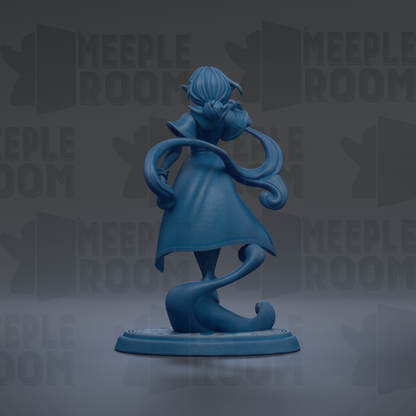A blue figurine of a woman with a flowing dress stands on a base against a dark background with repeated text.