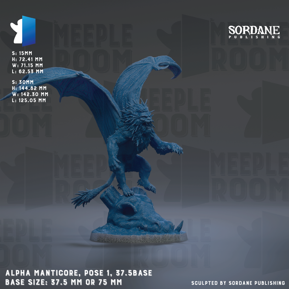 The image is a 3D rendering of a blue dragon-like creature with wings and sharp teeth, standing on a rock formation. The creature appears to be a fantasy or mythical creature, possibly a dragon or a lion-like animal. The image is described as a "Meeple Room" and is published by Sordane Publishing. The base size of the figure is 37.5 mm or 75 mm, depending on the perspective.