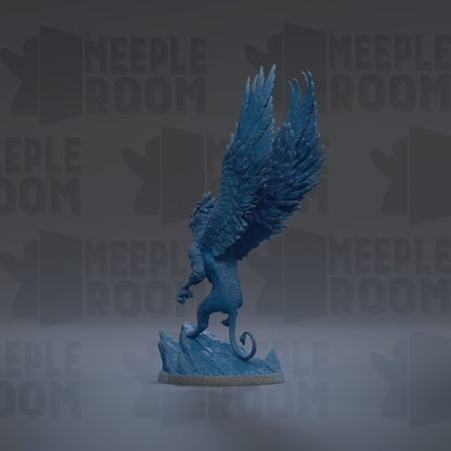 A blue winged statue stands on a rock formation against a dark background with repeated "MEIPLLE ROOM" text.