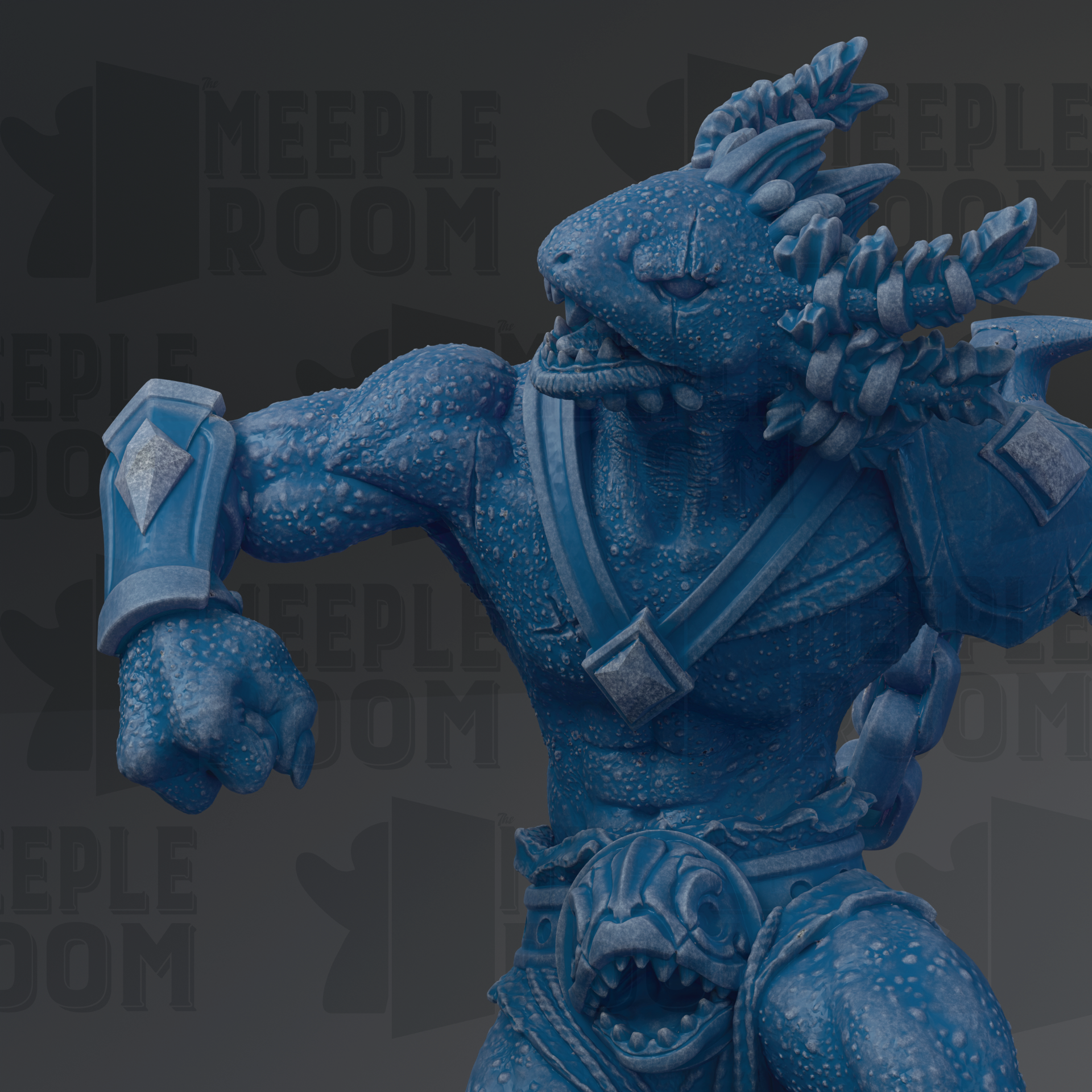 A close-up of a blue, fantastical creature with sharp teeth and claws, standing in a fighting stance.