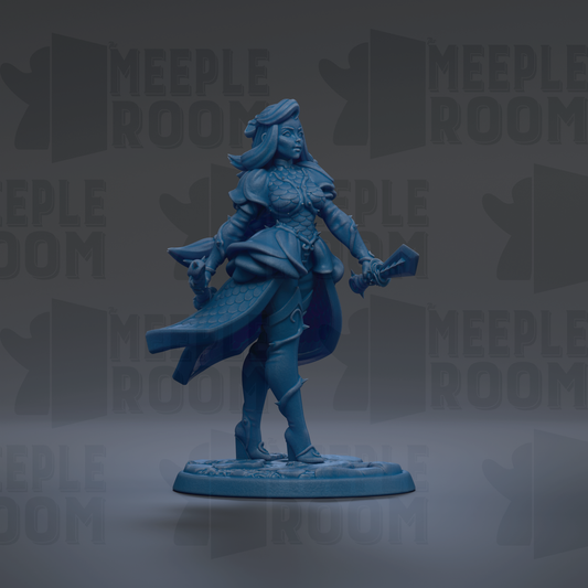 A blue figurine of a woman with long hair and a flowing dress, holding a sword and shield, standing on a base.