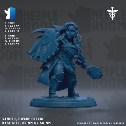The image is a detailed 3D model of a dwarfed female character, specifically a dwarfed female warrior, known as the Vamoth, from the video game MEOPLE. The character is depicted in a dynamic pose, holding a shield and a sword, and is standing on a base that is either 25mm or 50mm in size. The image is a sculpted representation of the character, and it is part of the MEOPLE series.