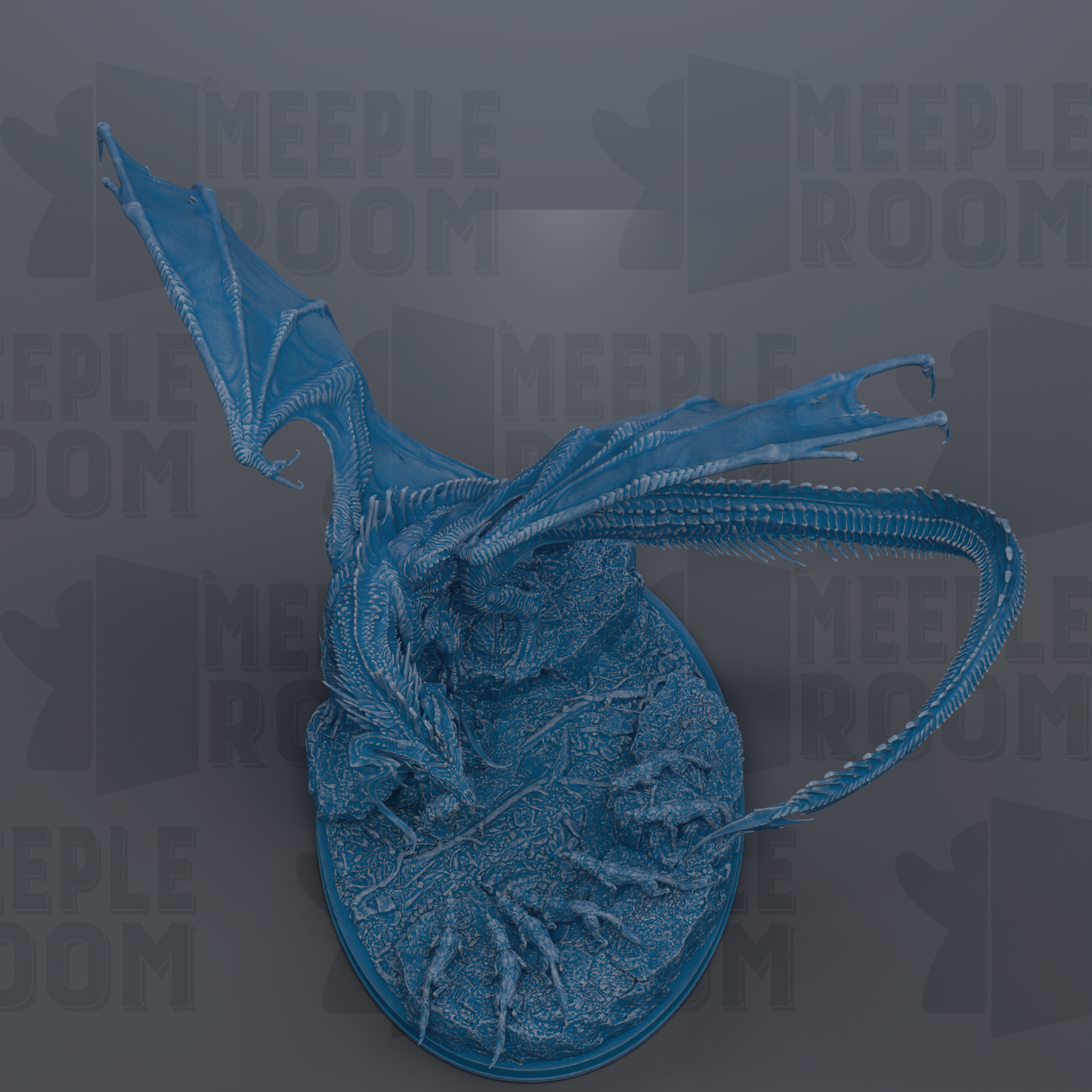 A blue dragon figurine is displayed against a dark background with the text "MEEPLE ROOM" repeated multiple times.