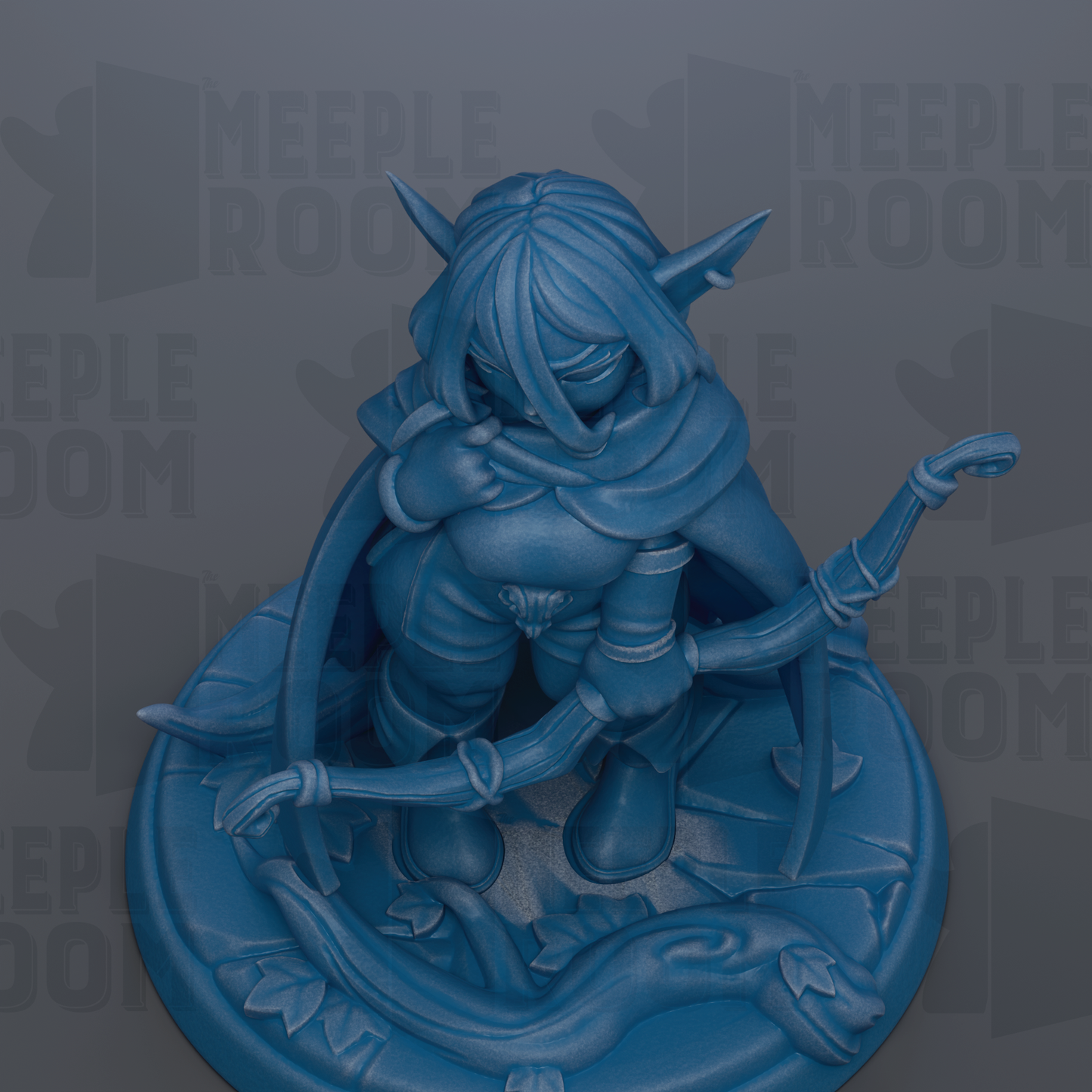 A blue figurine of a character with a bow and arrow, standing on a base with a leaf-like design.