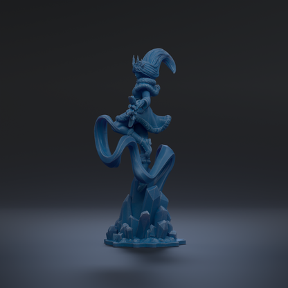 A 3D rendering of a blue, fantastical creature with a pointed hat and flowing cape, standing on a rocky base against a dark background.