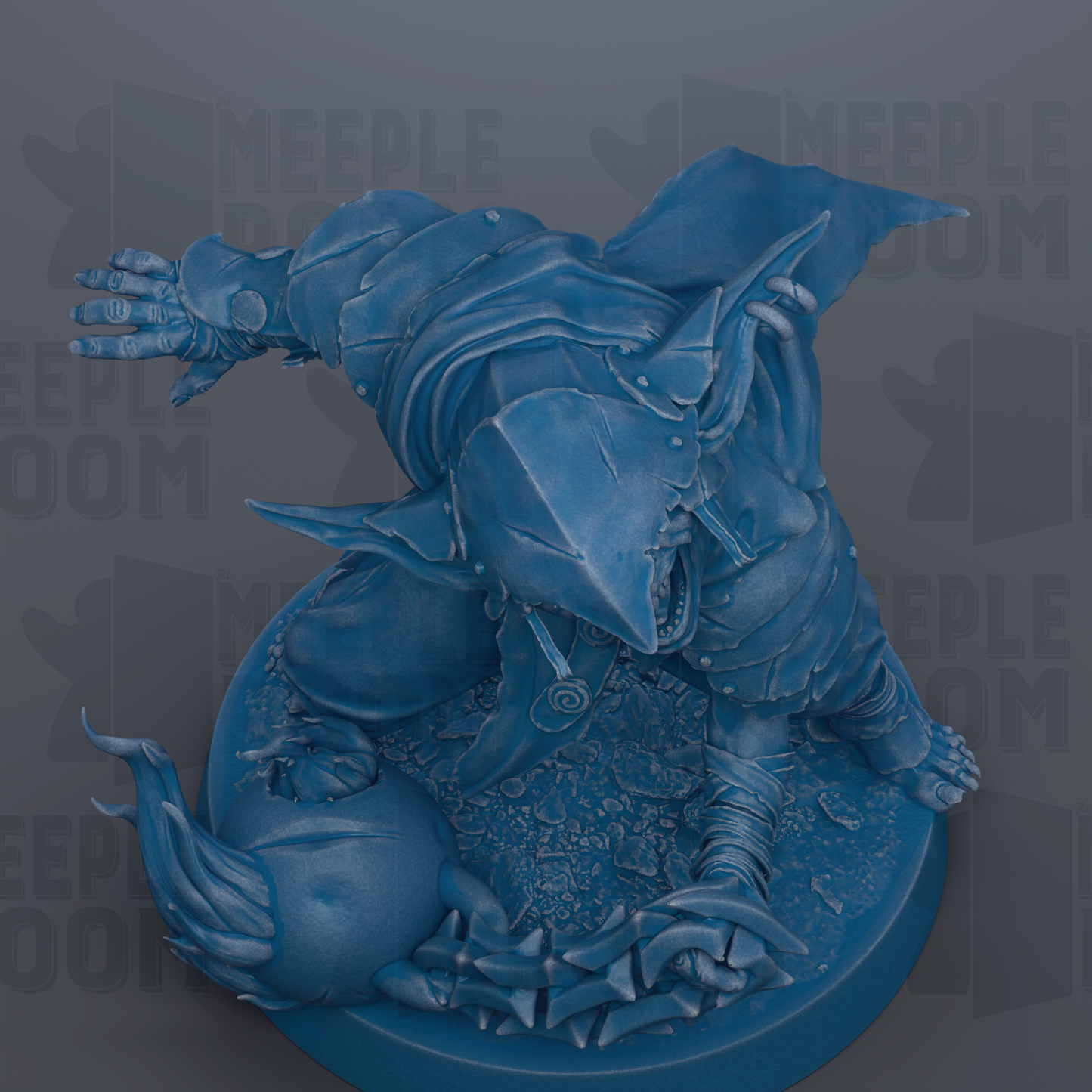 A detailed 3D rendering of a blue, fantastical creature with sharp teeth and claws, standing on a platform and appearing to be in a fighting stance.