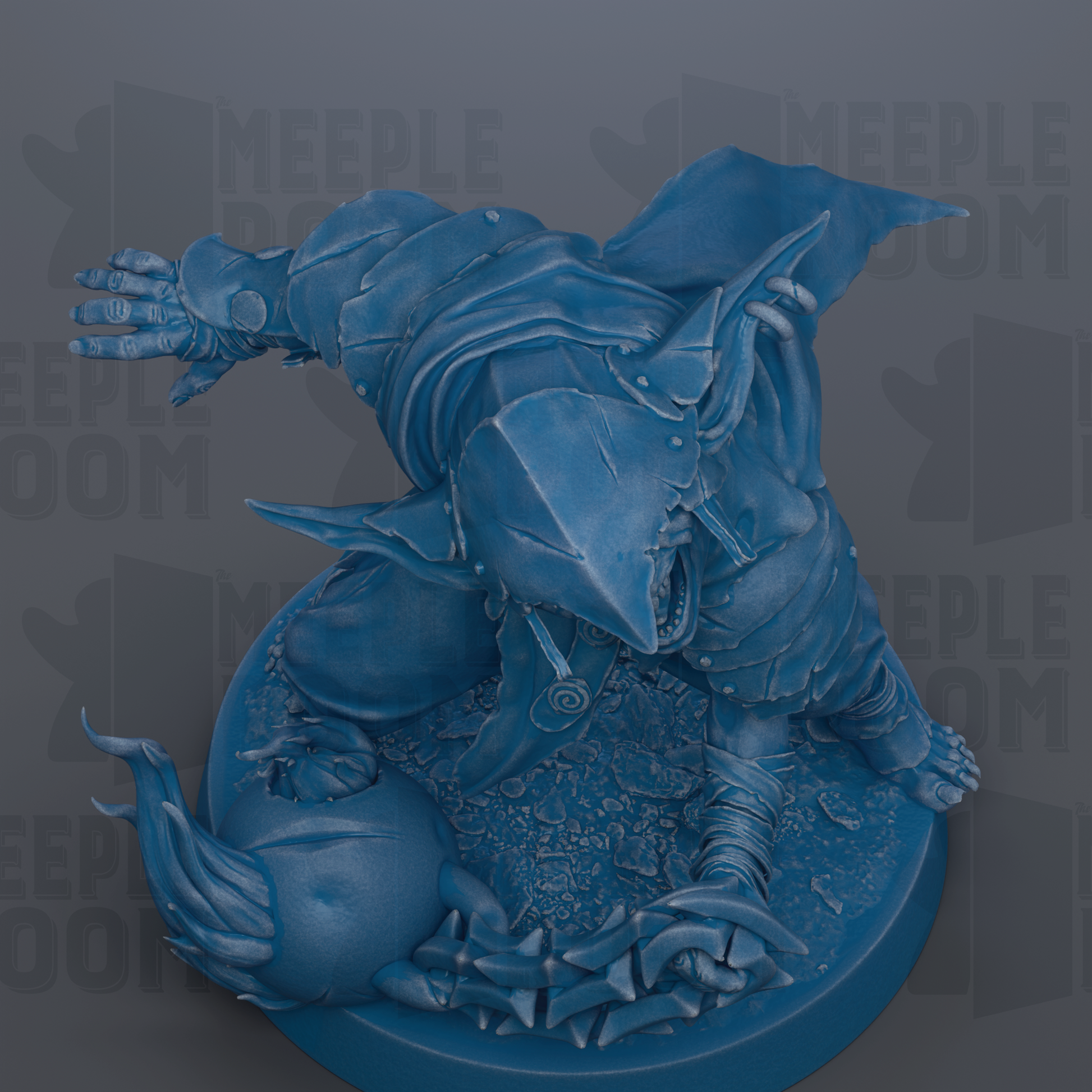 A detailed 3D rendering of a blue, fantastical creature with sharp teeth and claws, standing on a platform and appearing to be in a fighting stance.