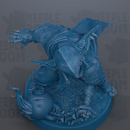 A detailed 3D rendering of a blue, fantastical creature with sharp teeth and claws, standing on a platform and appearing to be in a fighting stance.