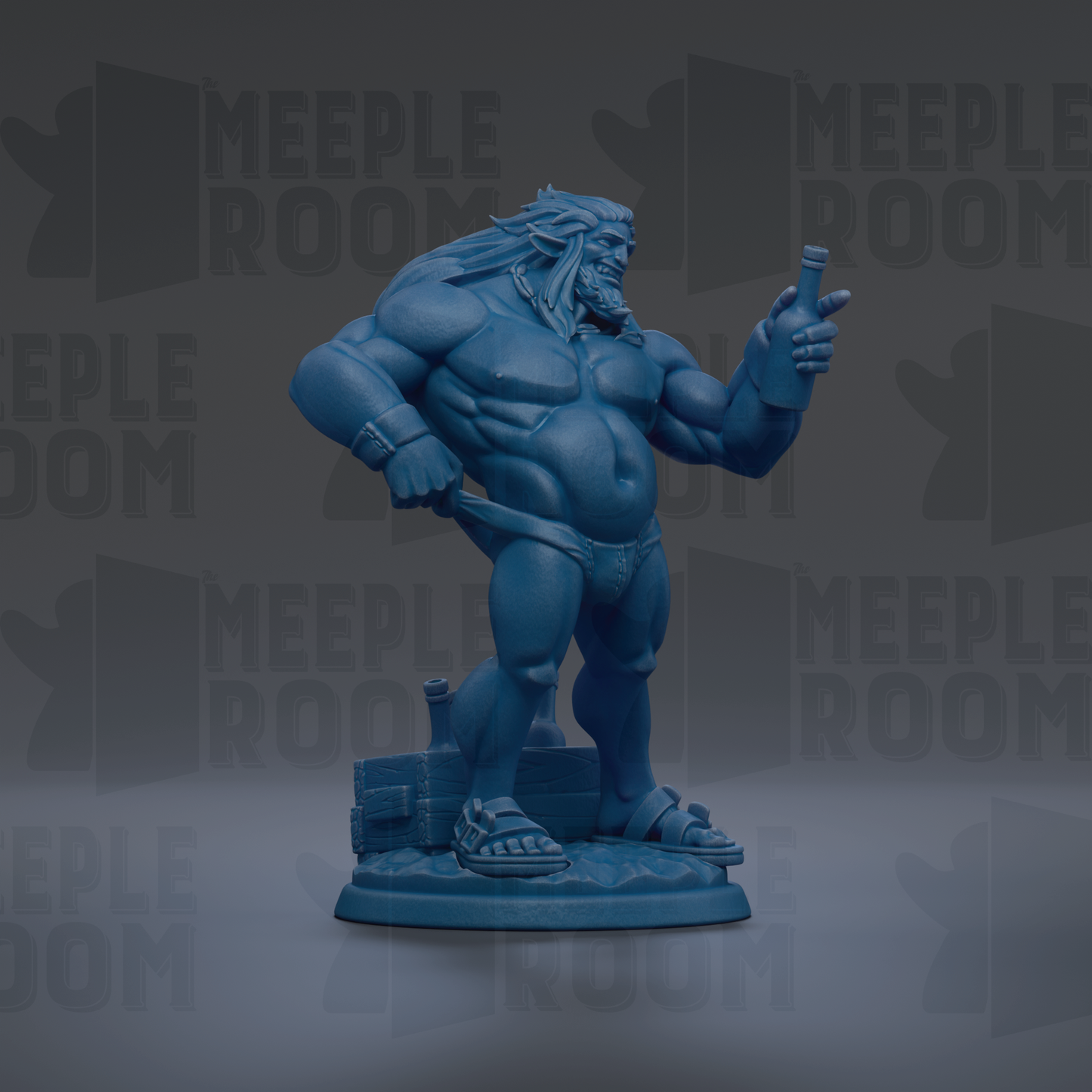 A blue statue of a muscular, bearded figure holding a bottle, standing on a base.