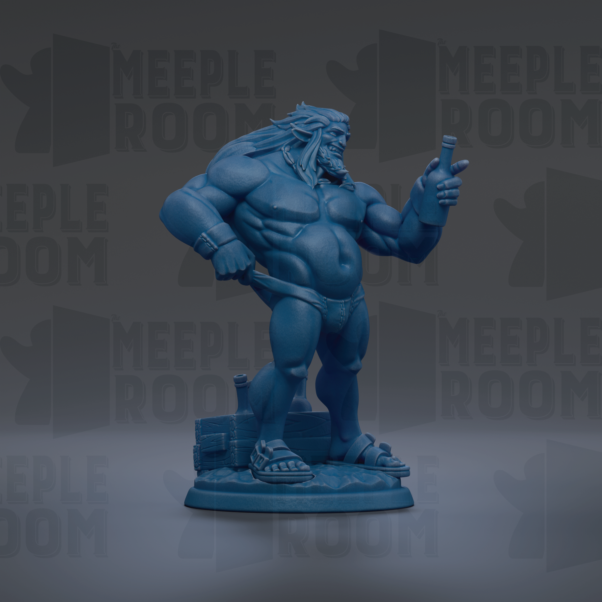 A blue statue of a muscular, bearded figure holding a bottle, standing on a base.