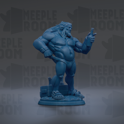 A blue statue of a muscular, bearded figure holding a bottle, standing on a base.
