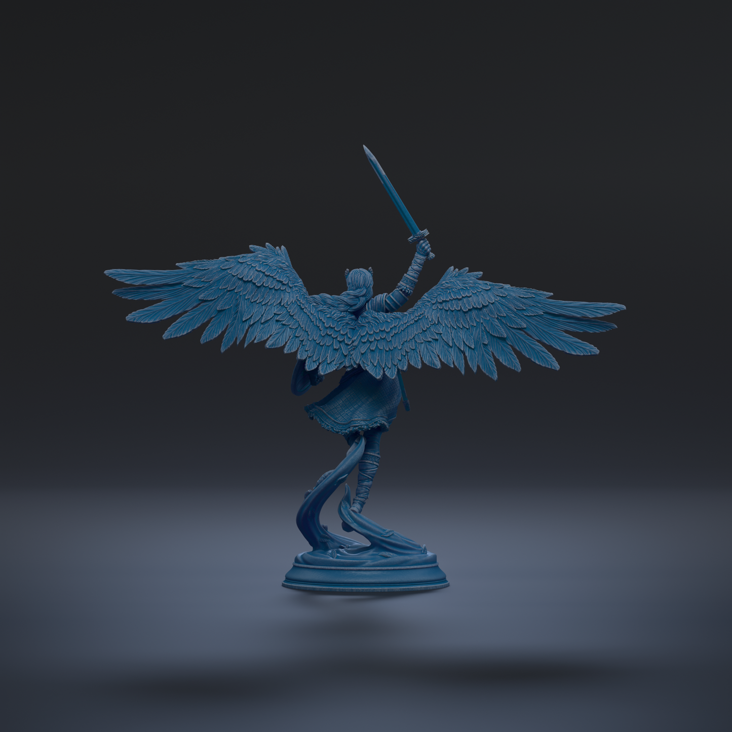 A blue statue of a winged figure holding a sword stands on a pedestal against a dark background.
