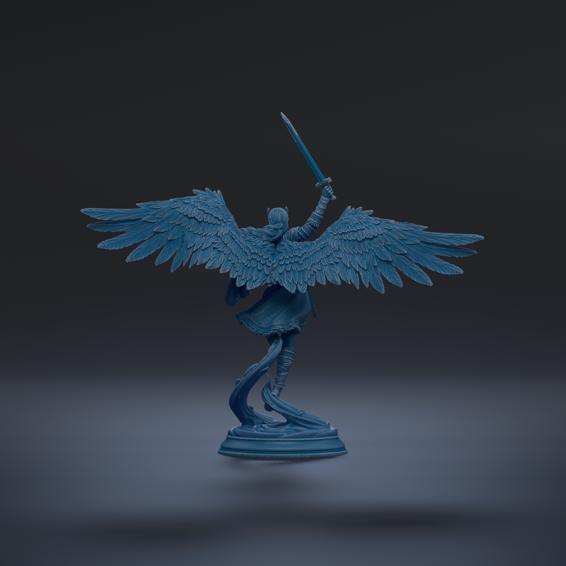 A blue statue of a winged figure holding a sword stands on a pedestal against a dark background.