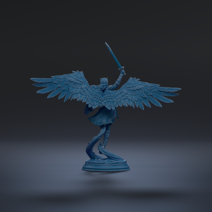 A blue statue of a winged figure holding a sword stands on a pedestal against a dark background.