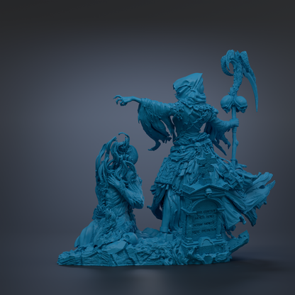 A 3D rendering of a fantastical, ethereal figure with intricate, flowing robes and a hooded cloak, standing on a rocky surface and holding a staff.