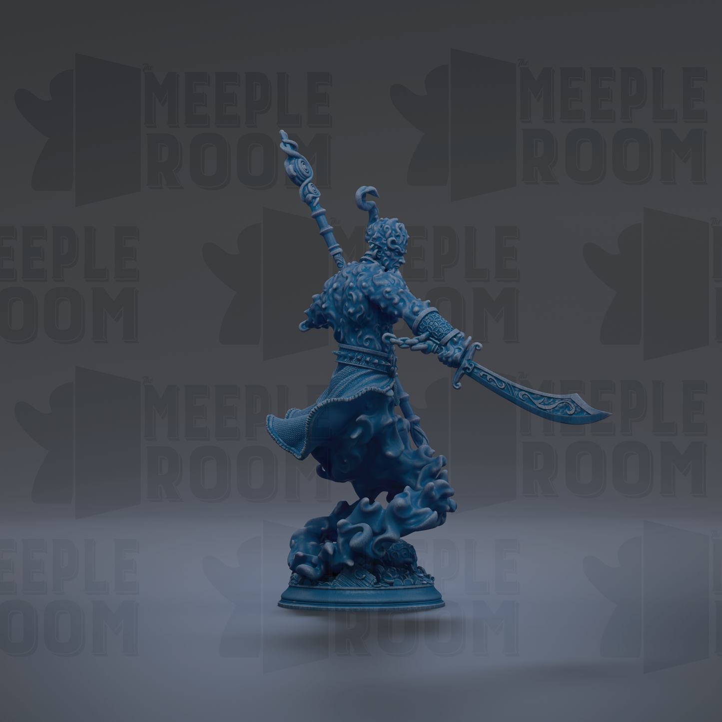 A blue figurine of a warrior wielding a sword and shield stands against a dark background with repeated "MEIPLE ROOM" text.
