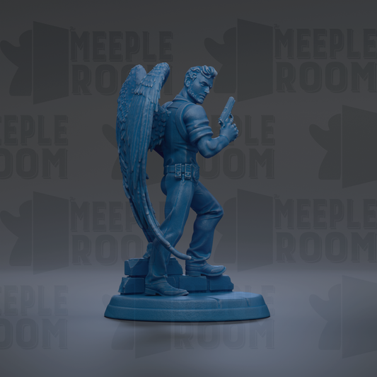 A blue statue of a winged figure holding a gun, standing on a pedestal.
