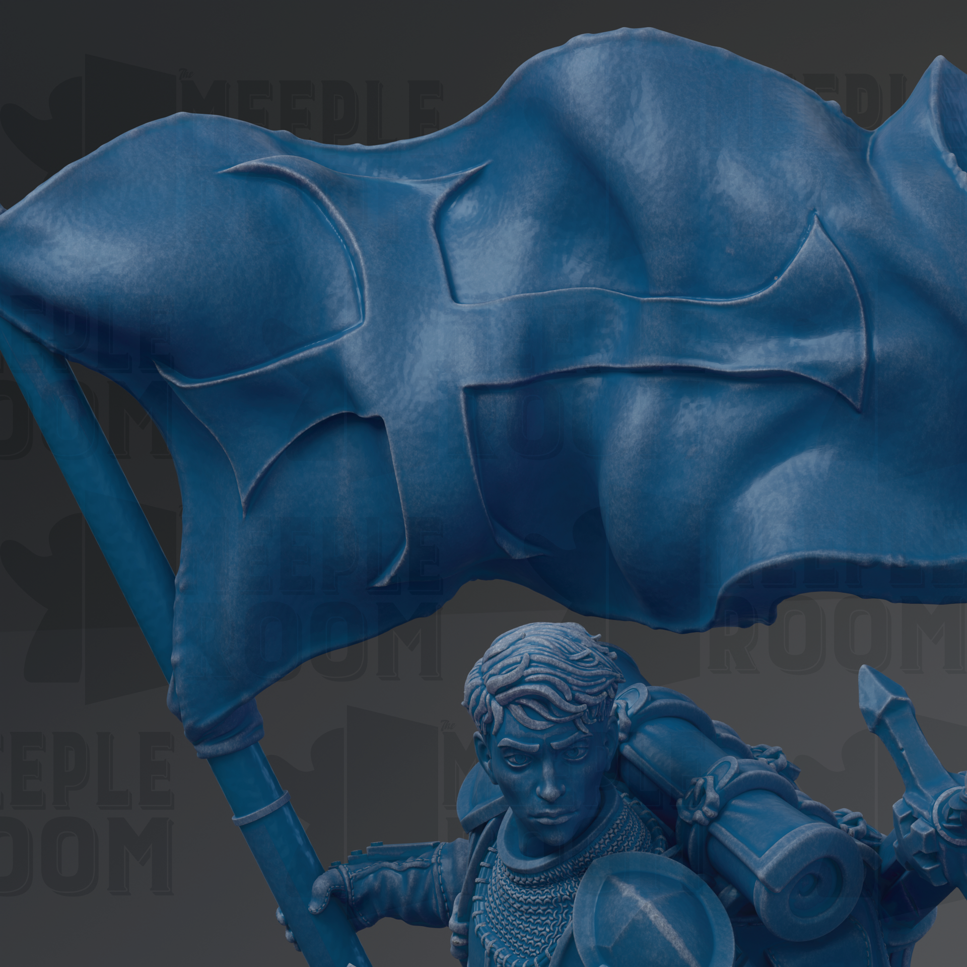 A close-up view of a blue statue of a knight holding a flag, with a dark background.