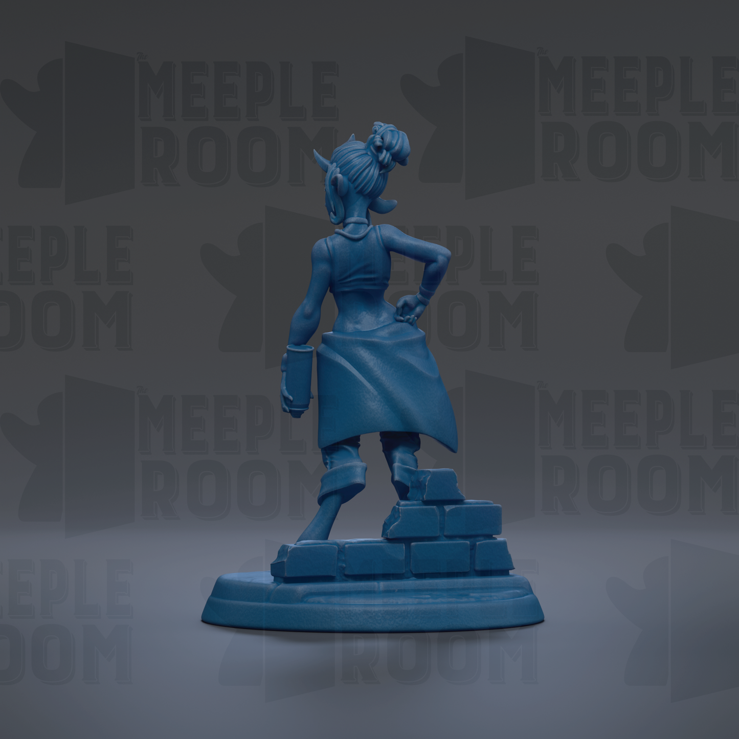 A blue figurine of a person standing on a brick base, with the text "MEUPLE ROOM" repeated in the background.