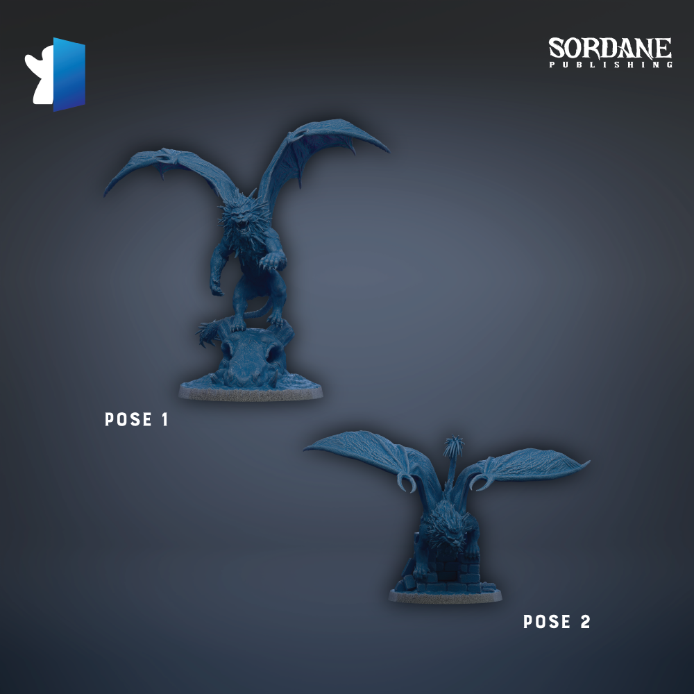 two blue dragon figurines, each with wings and a fierce expression, set against a dark background.