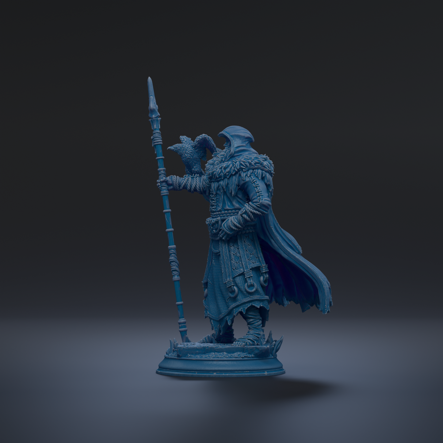 A blue figurine of a warrior standing on a pedestal, holding a spear and wearing a helmet.