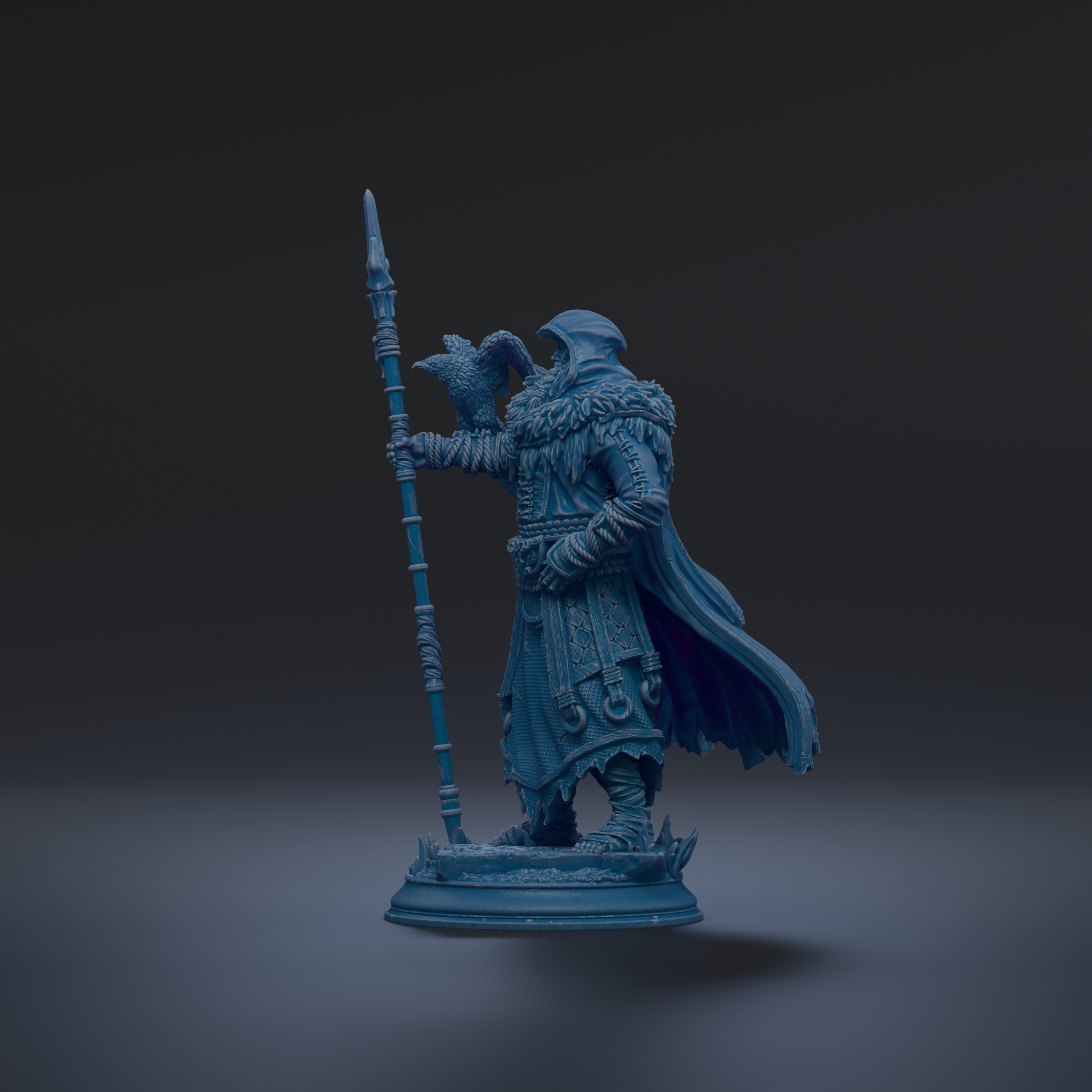 A blue figurine of a warrior standing on a pedestal, holding a spear and wearing a helmet.