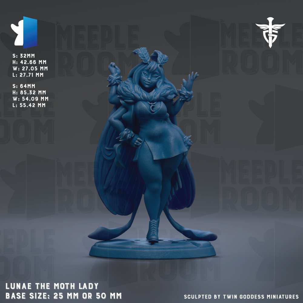 The image is a figurine of a woman in a blue dress, standing on a base. The figurine is described as "Luna the Moth Lady" and is shown in various sizes, including 25mm and 50mm. The figurine is sculpted by Twin Goddess Miniatures.