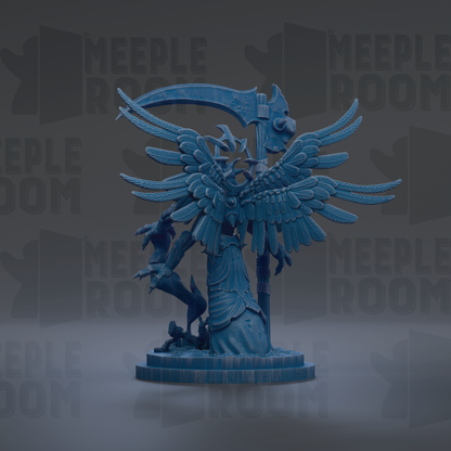 A 3D rendering of a winged, winged creature with a large, curved weapon in its hands, set against a dark background with repeated text.