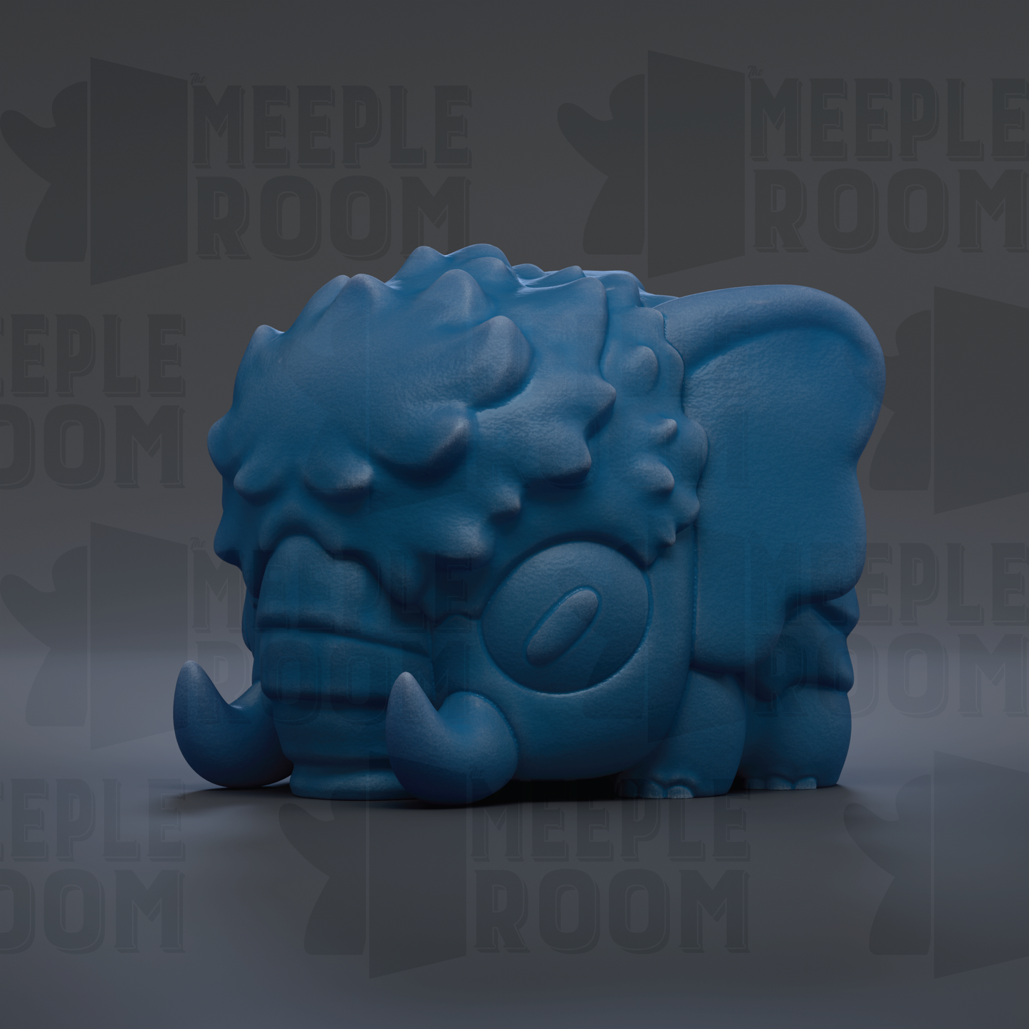 A blue, 3D-rendered toy resembling a small elephant or rhinoceros-like creature with large tusks.