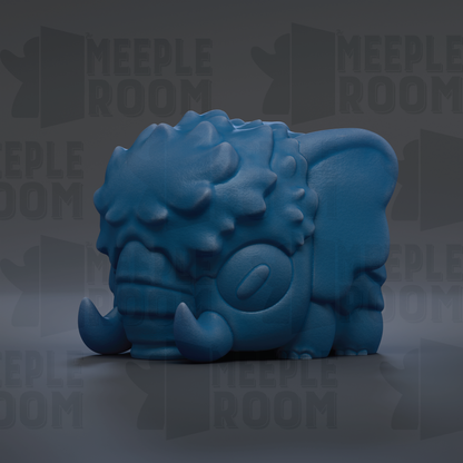 A blue, 3D-rendered toy resembling a small elephant or rhinoceros-like creature with large tusks.