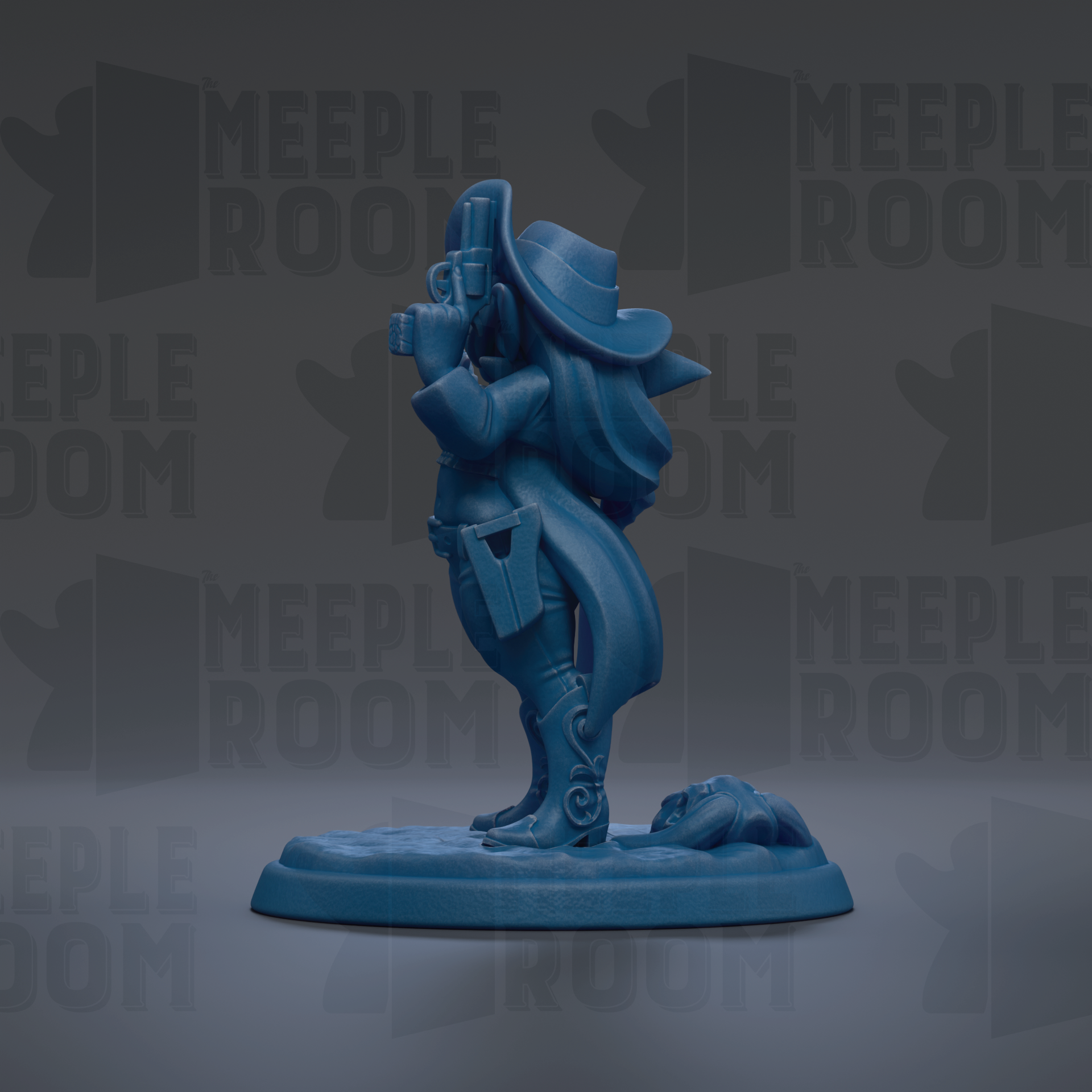 A blue figurine of a person holding a gun, standing on a base, against a dark background with repeated text.