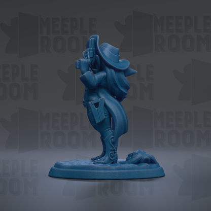 A blue figurine of a person holding a gun, standing on a base, against a dark background with repeated text.