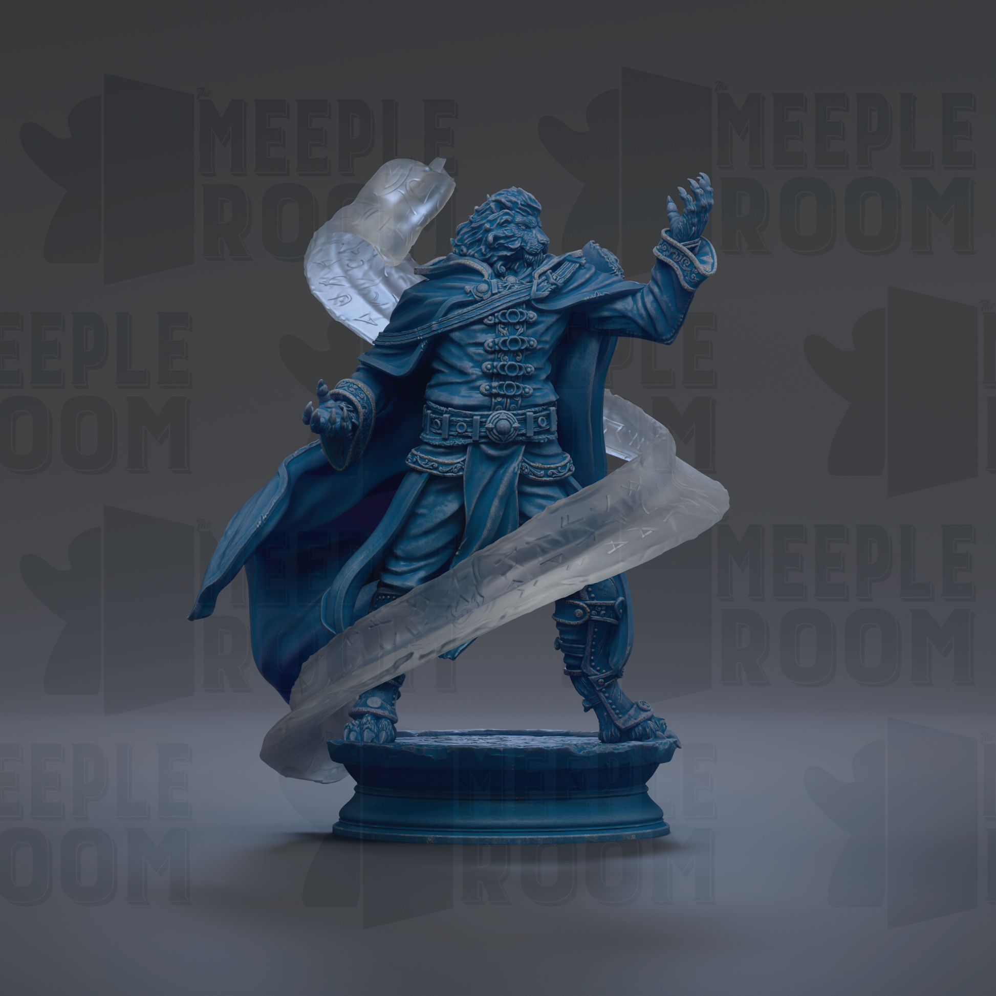 A blue statue of a figure with a flowing cape and holding a staff, standing on a pedestal against a dark background with repeated text.