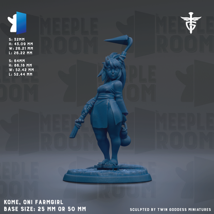 The image is a figurine of a female character, specifically a farmgirl, with a sword and a bag. The figurine is standing on a base and is described as being 25mm or 50mm in size. The figurine is sculpted by Twin Goddess Miniatures.