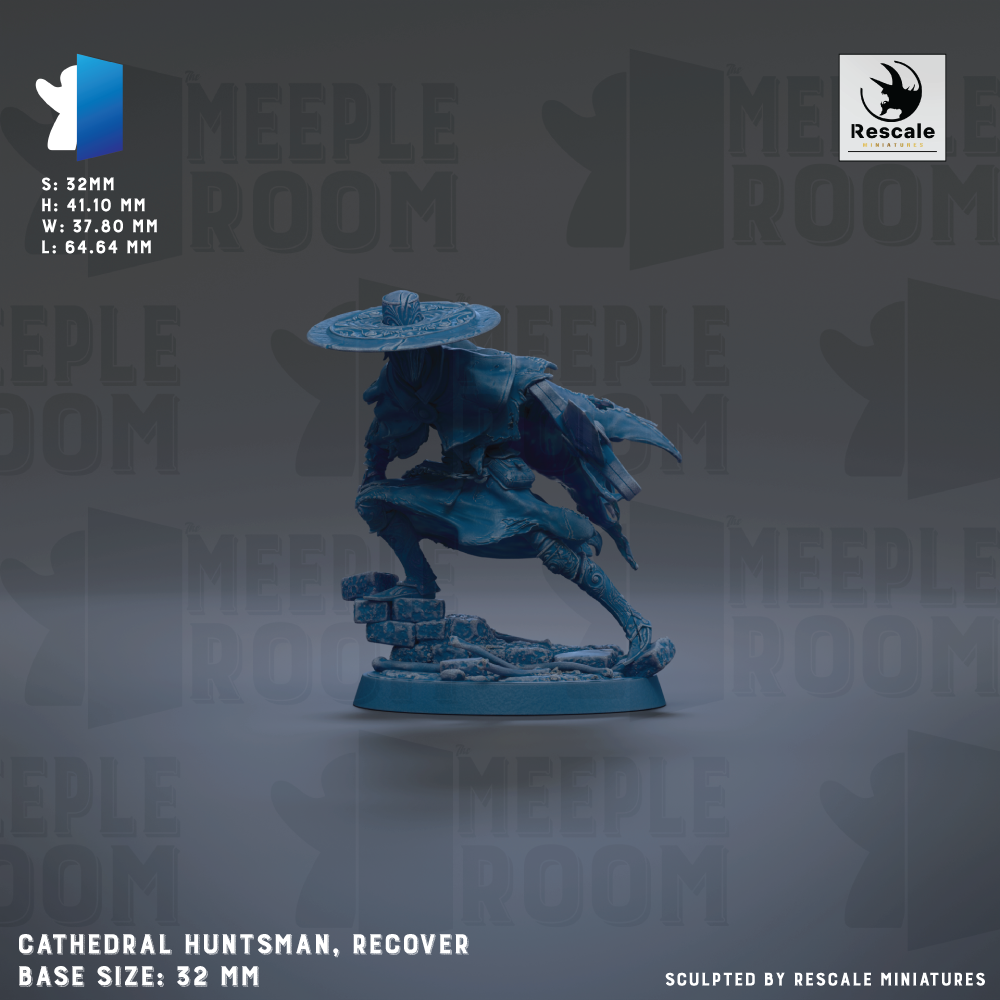 The image is a promotional poster for a ceramic figurine of a character named Cathedral Hunter, which is described as a recoverable base size of 32mm. The poster features a dark background with repeated text and logos, including the word "MEUPLE" and the logo for Rescale.