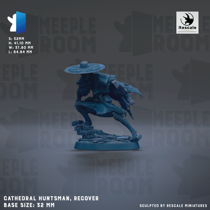 The image is a promotional poster for a ceramic figurine of a character named Cathedral Hunter, which is described as a recoverable base size of 32mm. The poster features a dark background with repeated text and logos, including the word "MEUPLE" and the logo for Rescale.
