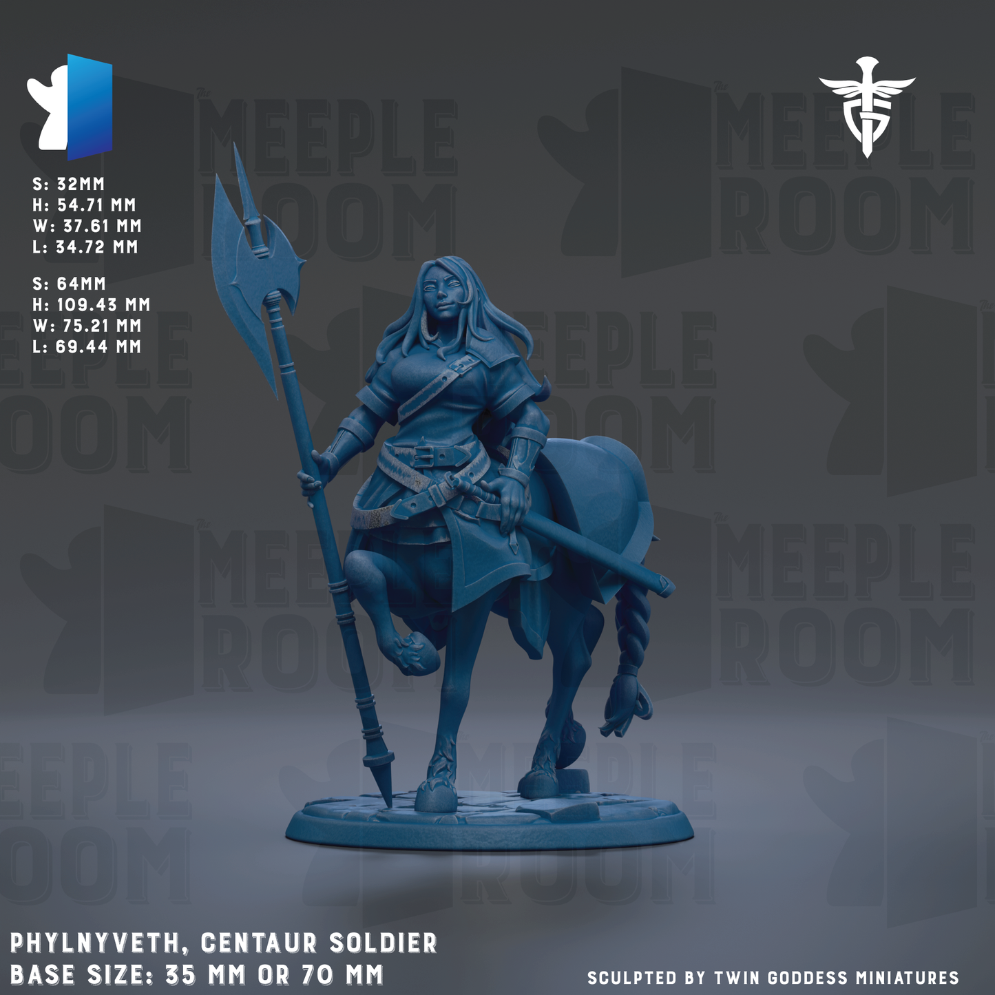 a Centaur Soldier figurine, specifically Phylnyveth, standing on a base. The figurine is made of a dark blue material and is holding a spear. The base sizes of the figurine are 35 mm or 70 mm. The image is a sculpture by Twin Goddess Miniatures.