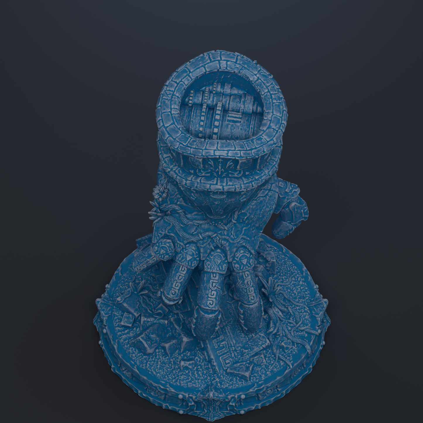 The image is a 3D rendering of a blue, intricate statue or sculpture with a circular base and various geometric patterns and designs.