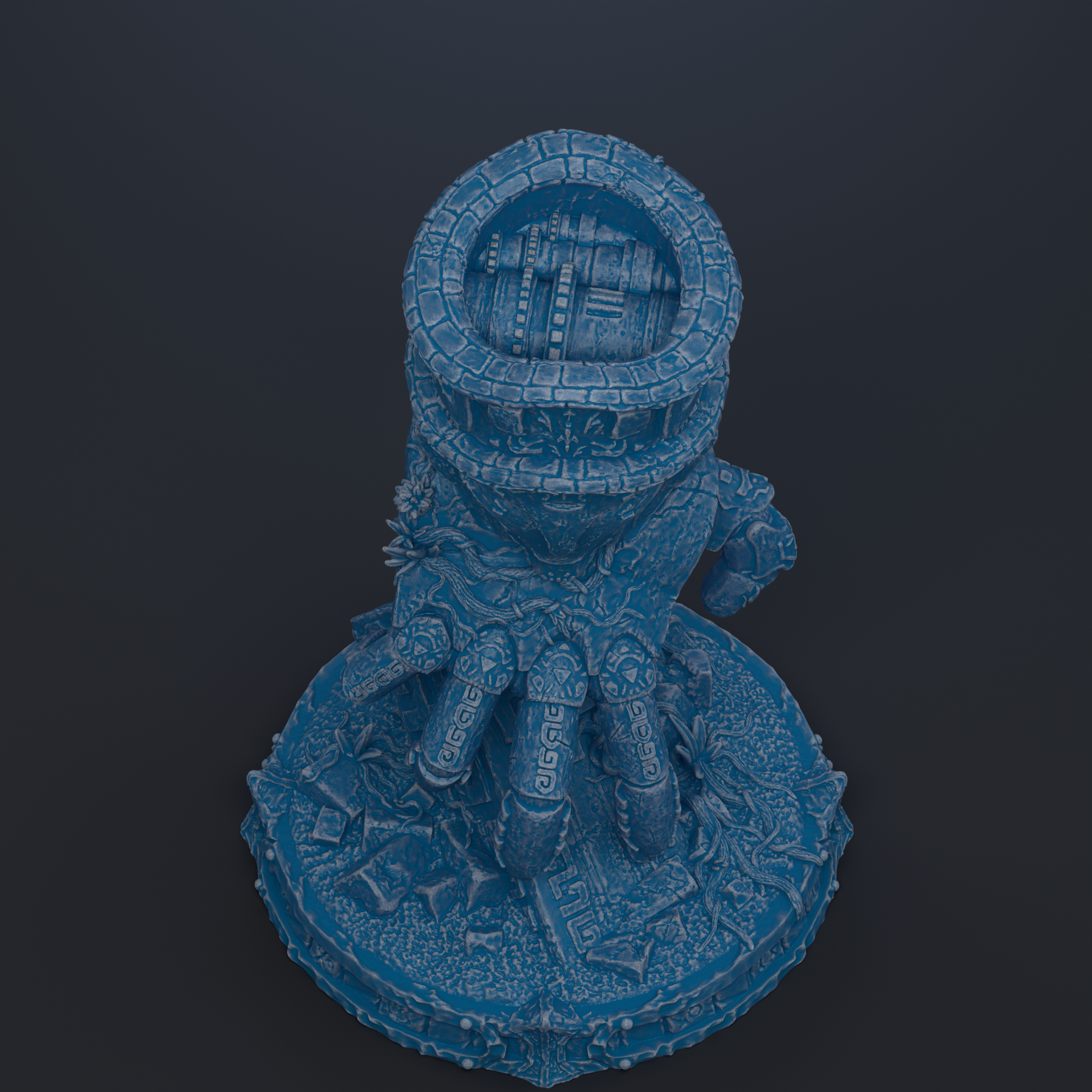 The image is a 3D rendering of a blue, intricate statue or sculpture with a circular base and various geometric patterns and designs.